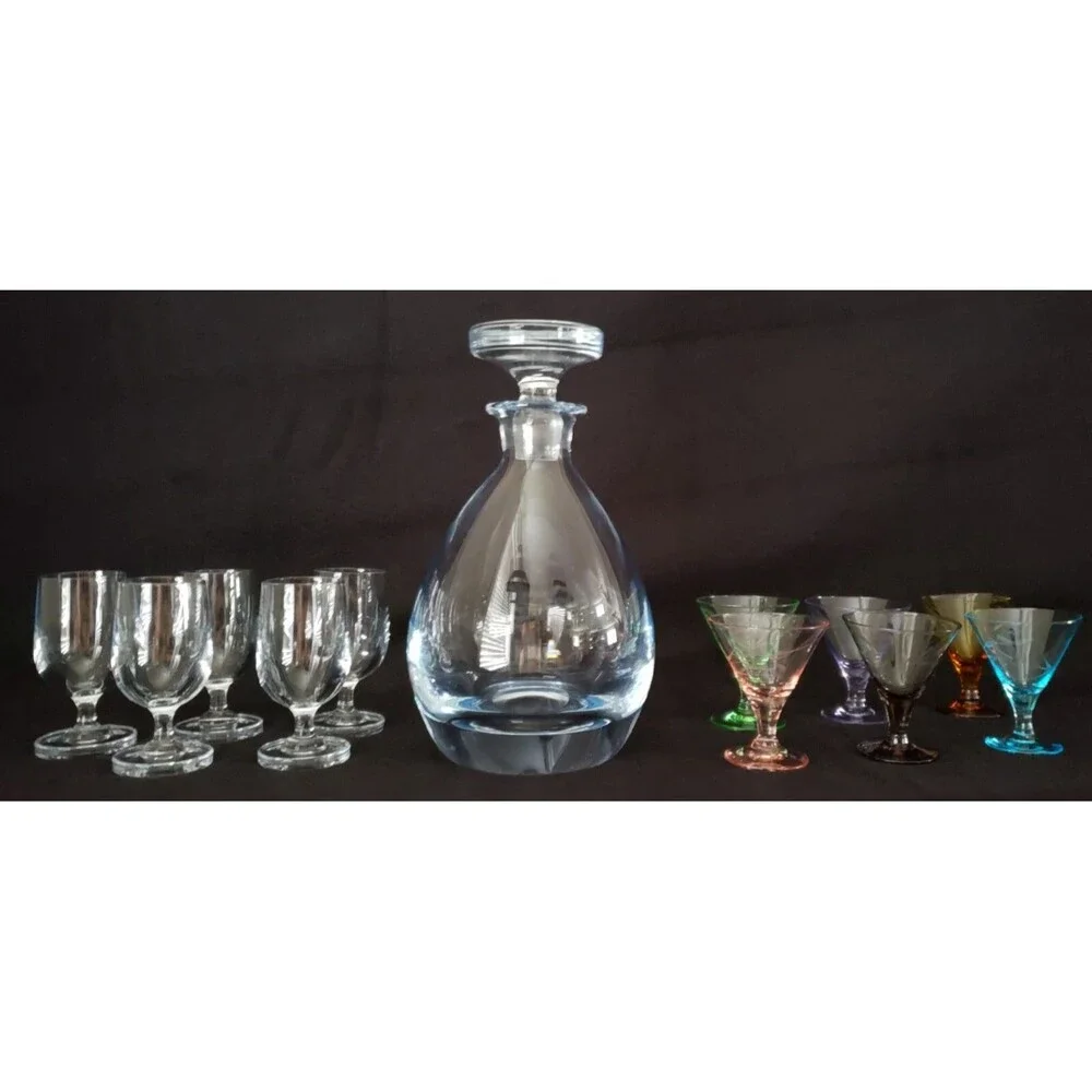 Vintage SIGNED Strombergshyttan Swedish Decanter w/Stopper & 11 Cordials